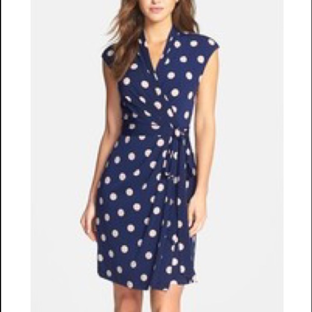 Eliza J Polka Dot Jersey Faux Wrap Dress Navy 2